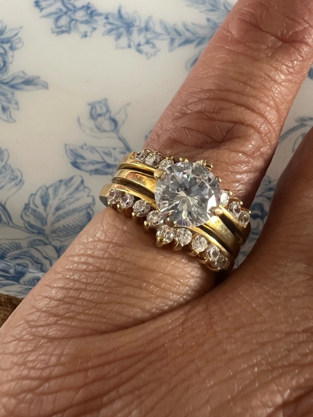Gold Tone CZ Two Piece Wedding Ring Set Bridal Stack Fits 4.75 #4756